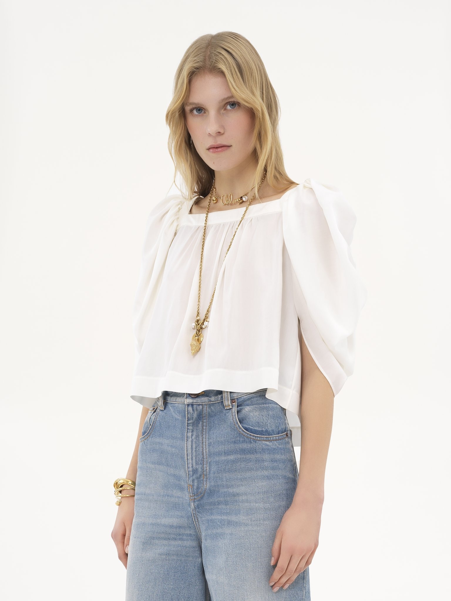 PUFF-SLEEVE PLEATED TOP IN SILK POPLIN - 4