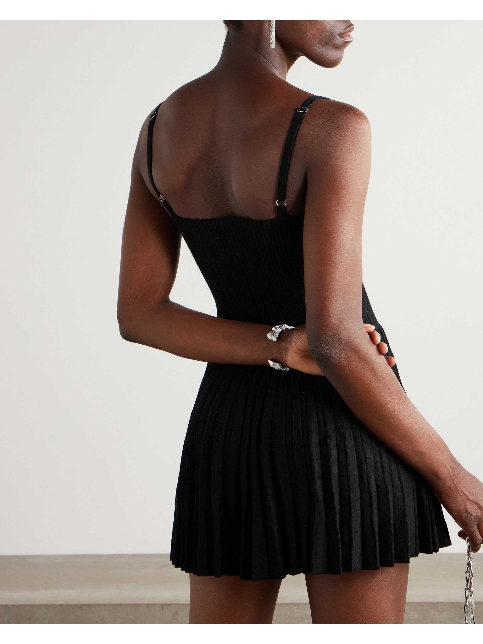 Pleated ribbed cotton mini dress Black - 3