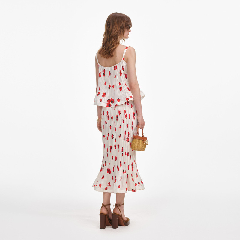 self-portrait White Floral Plisse  Midi Skirt outlook