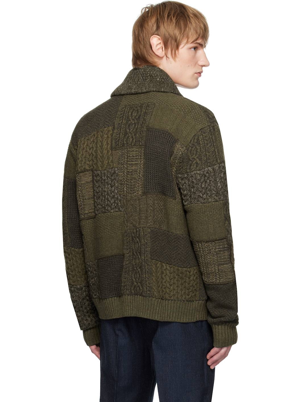 Khaki Patchwork Wool-Blend Shawl Cardigan - 3