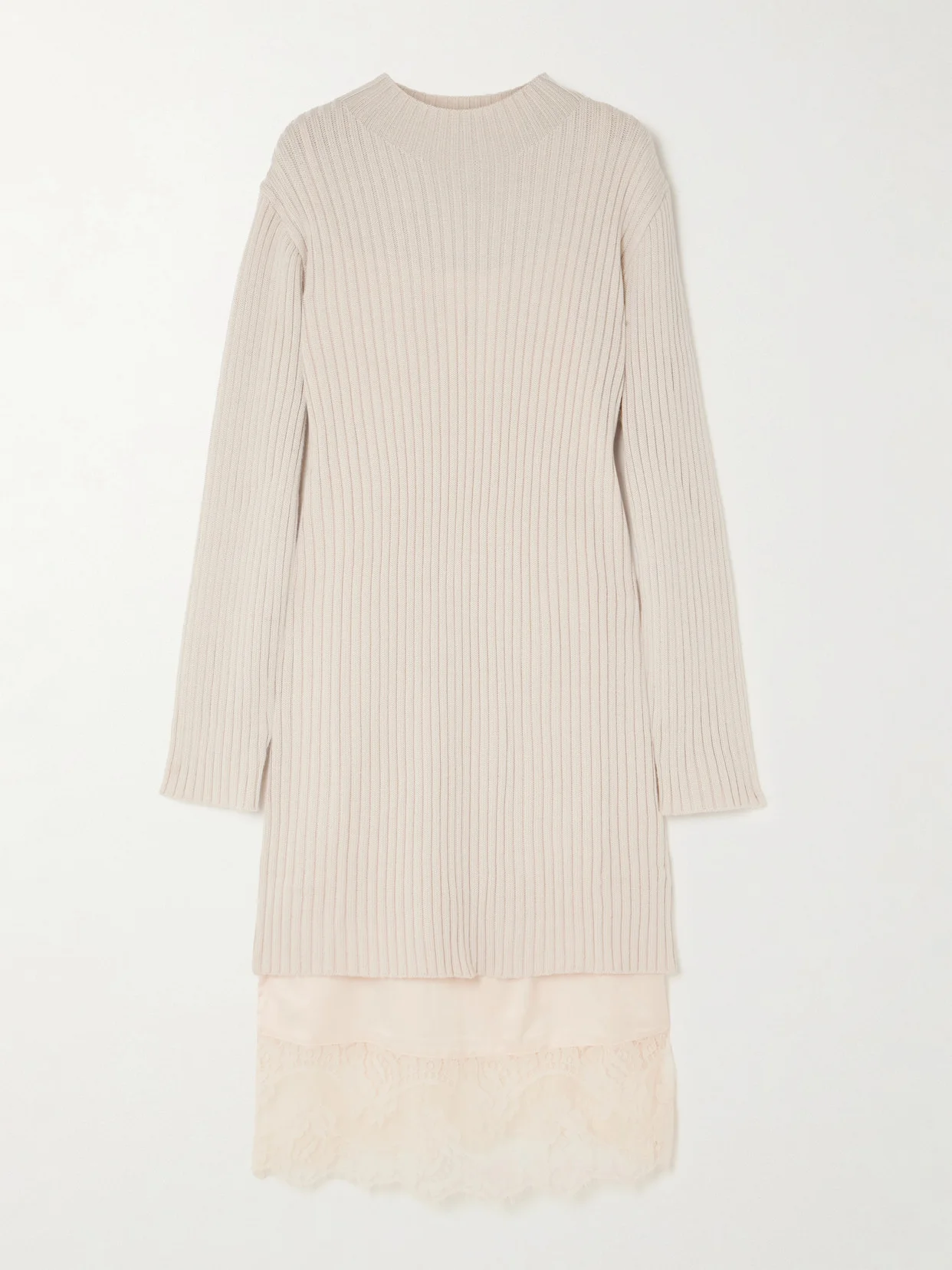 Willow Layered Lace-trimmed Satin And Ribbed Wool-blend Midi Dress - 1