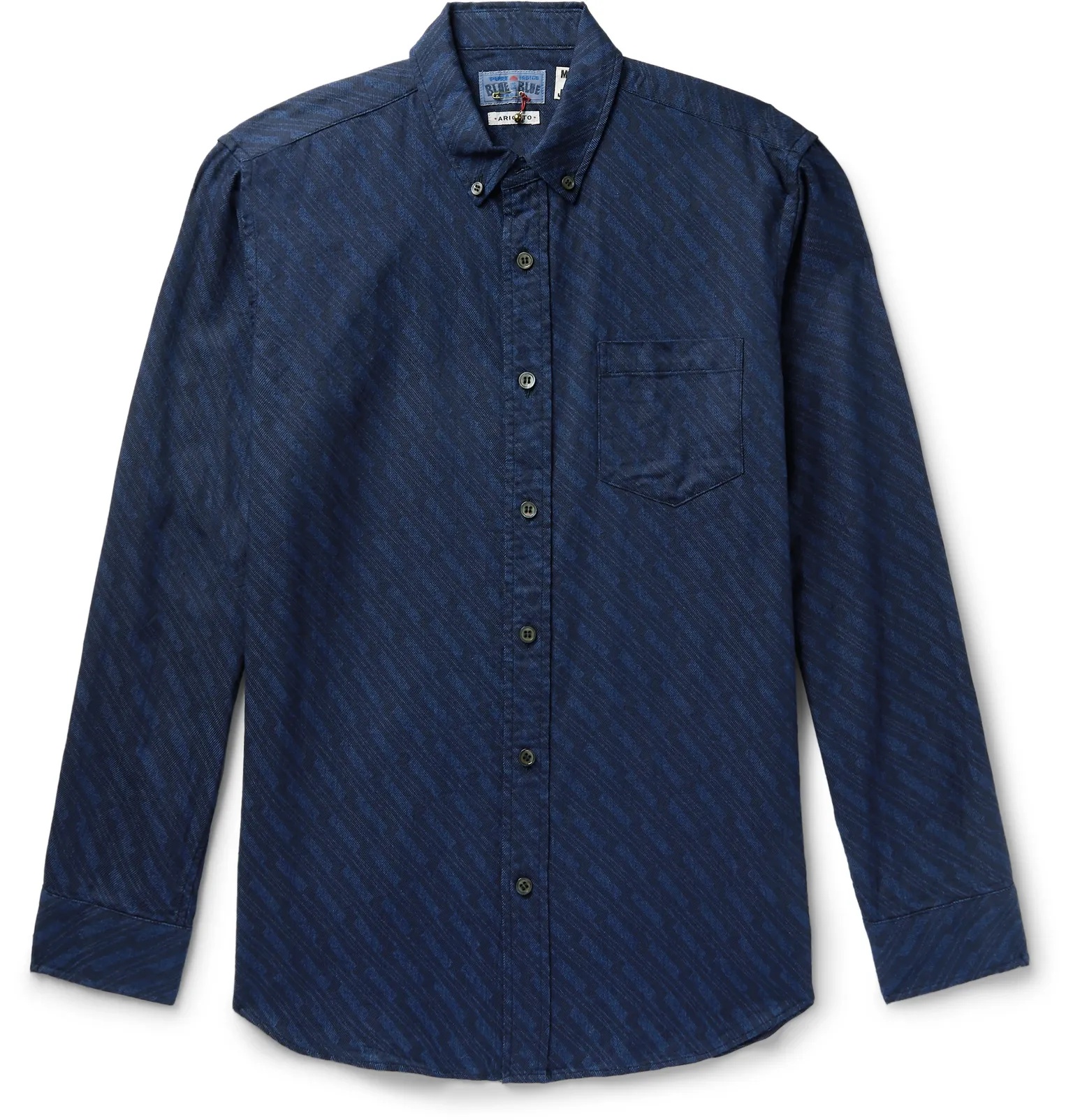 Button-Down Collar Indigo-Dyed Printed Cotton-Twill Shirt - 1