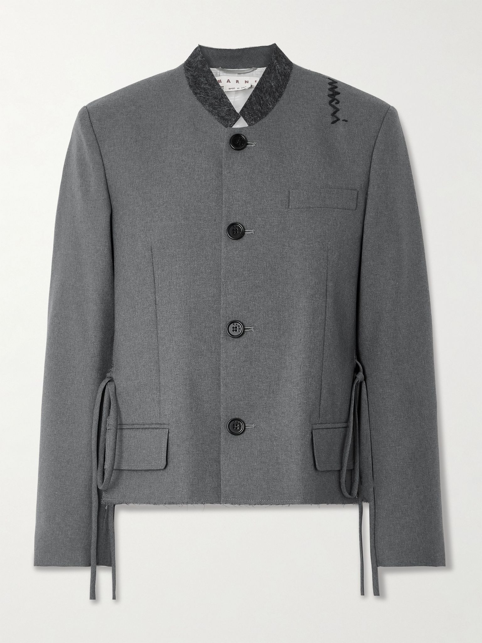 Felt-trimmed frayed embroidered wool jacket Gray - 1