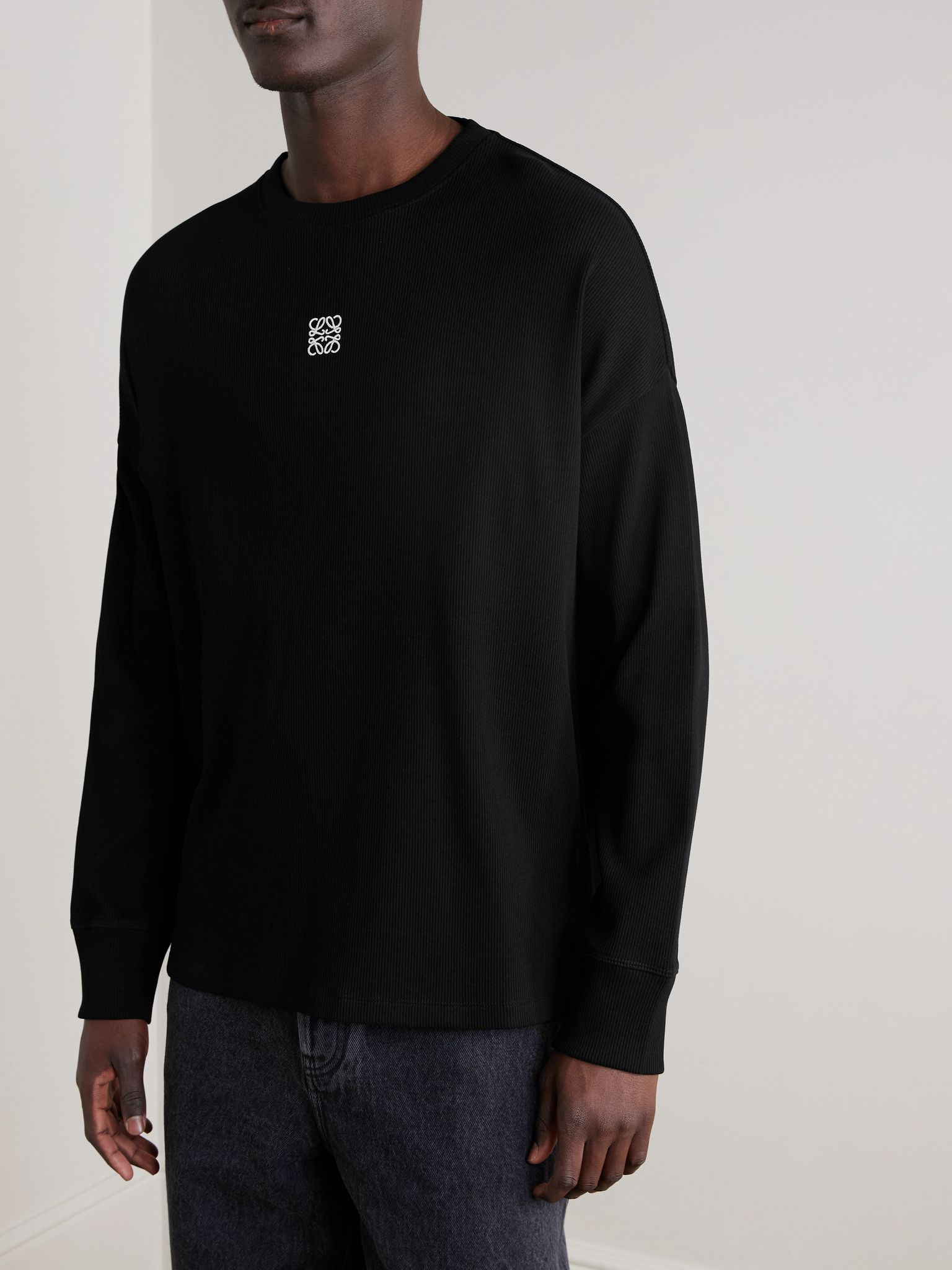 Oversized Logo-Embroidered Ribbed Cotton T-Shirt Black - 3