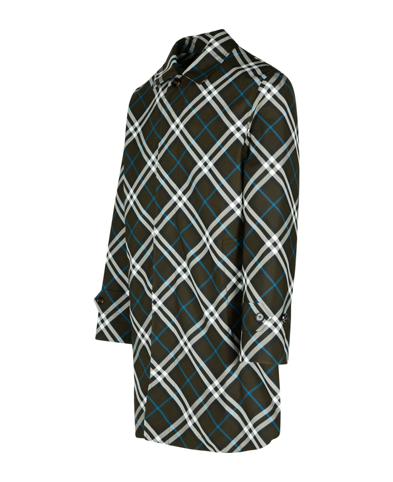 'check' Green Polyester Trench Coat - 2
