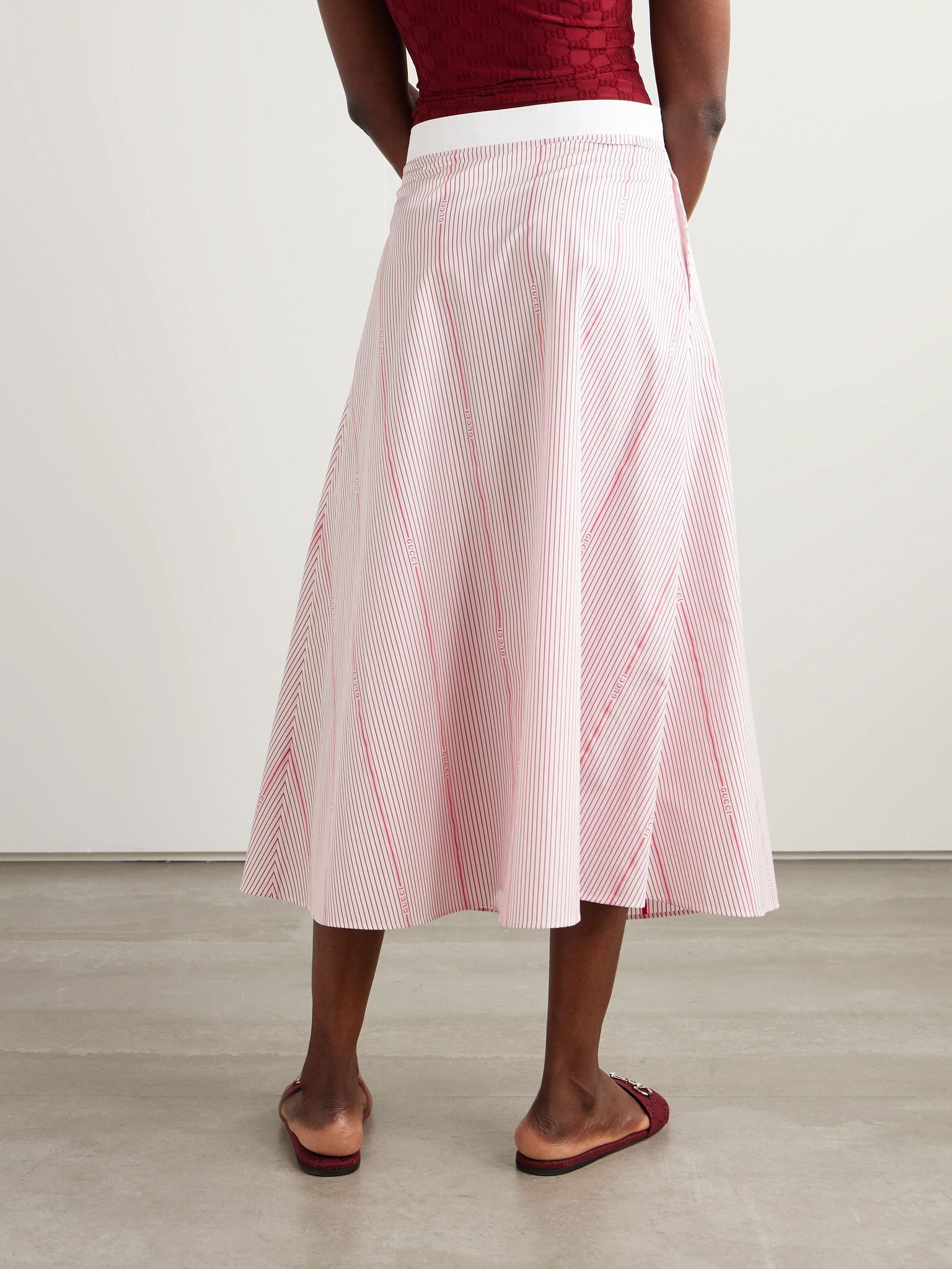 Striped cotton-poplin midi skirt Pink - 3