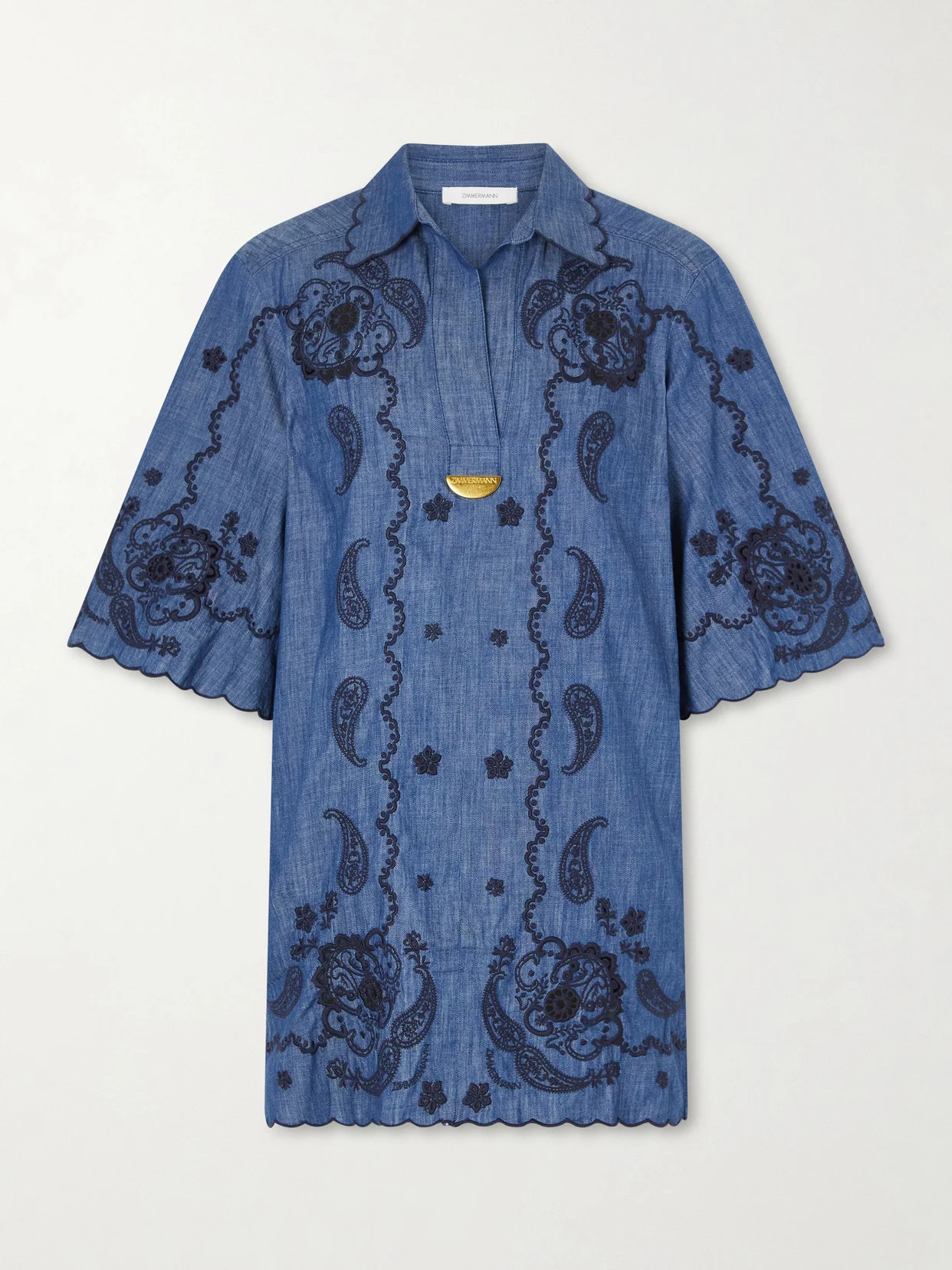Aster Broderie Anglaise-trimmed Cotton-denim Mini Dress - 1