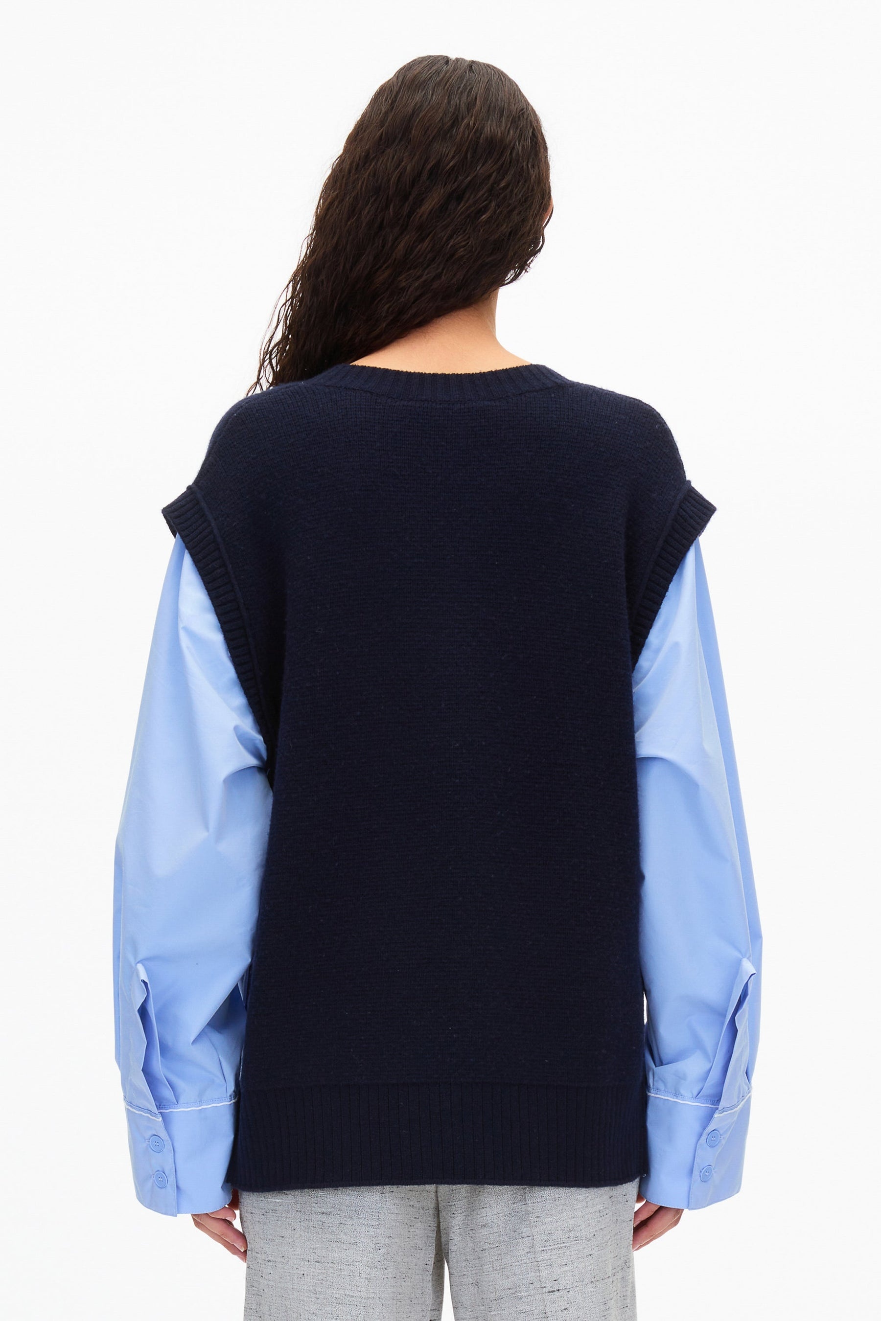 Oversized Knit Vest with Poplin Sleeves - 4