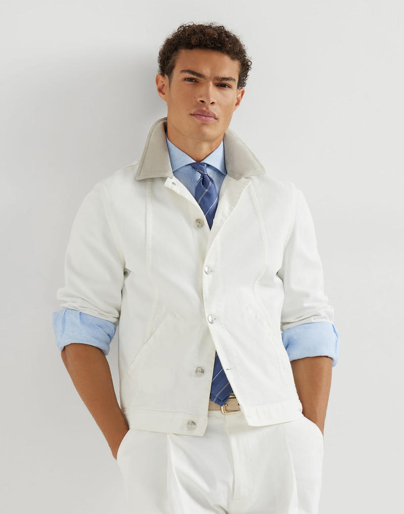Garment-dyed outerwear jacket in comfort cotton lightweight denim with leather collar 5