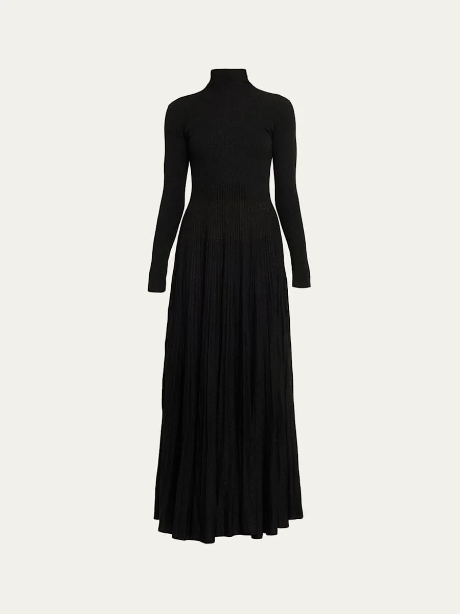 Rib-Knit Pleated Turtleneck Gown - 1