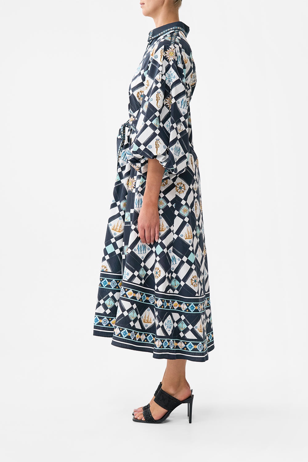 WAIST TIE SHIRT DRESS WITH BUBBLE SLEEVE - 4