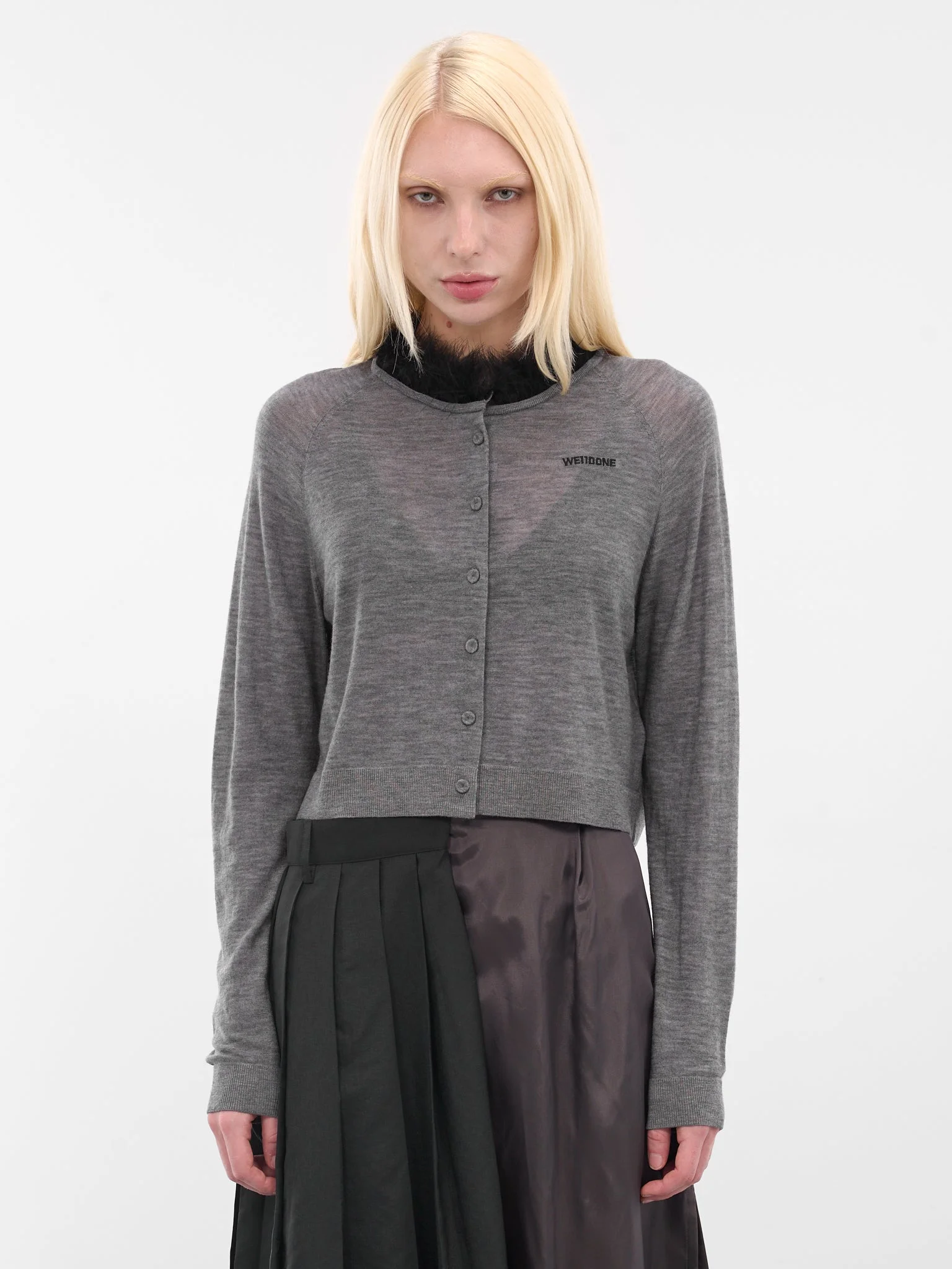 Gray Fur Collar Knit Cardigan - 1