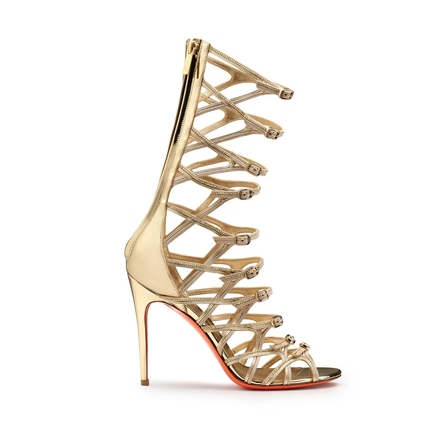 Women's gold leather and strass high-heel Crest Collection sandal - 1