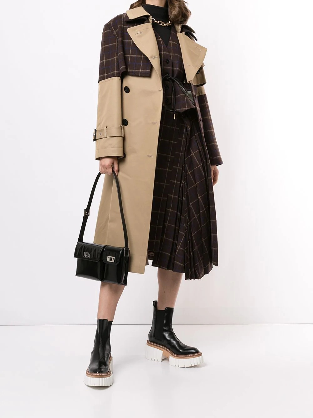 plaid panel trench coat - 2