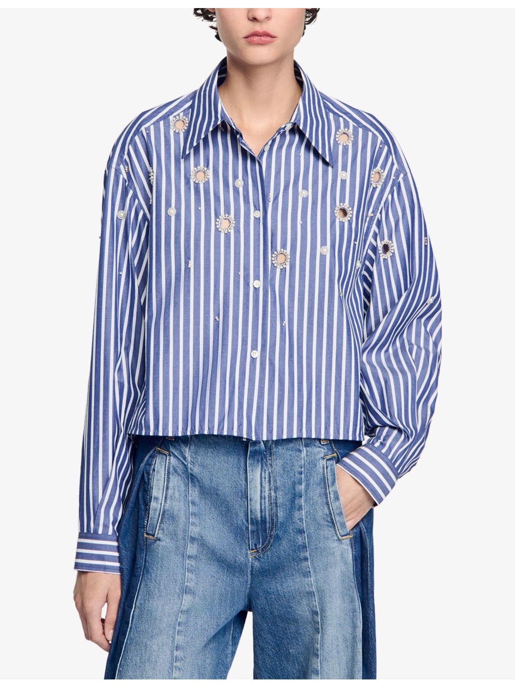 Striped rhinestone-embellished cotton shirt - 3