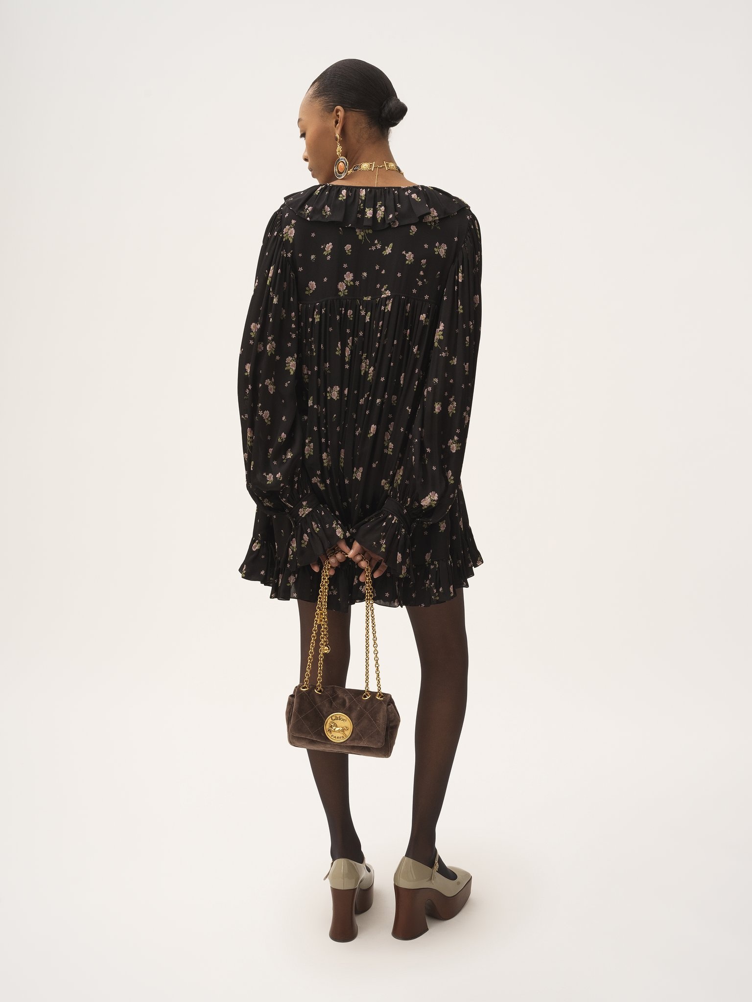 GATHERED LONG-SLEEVE MINI DRESS IN SILK CHARMEUSE - 5