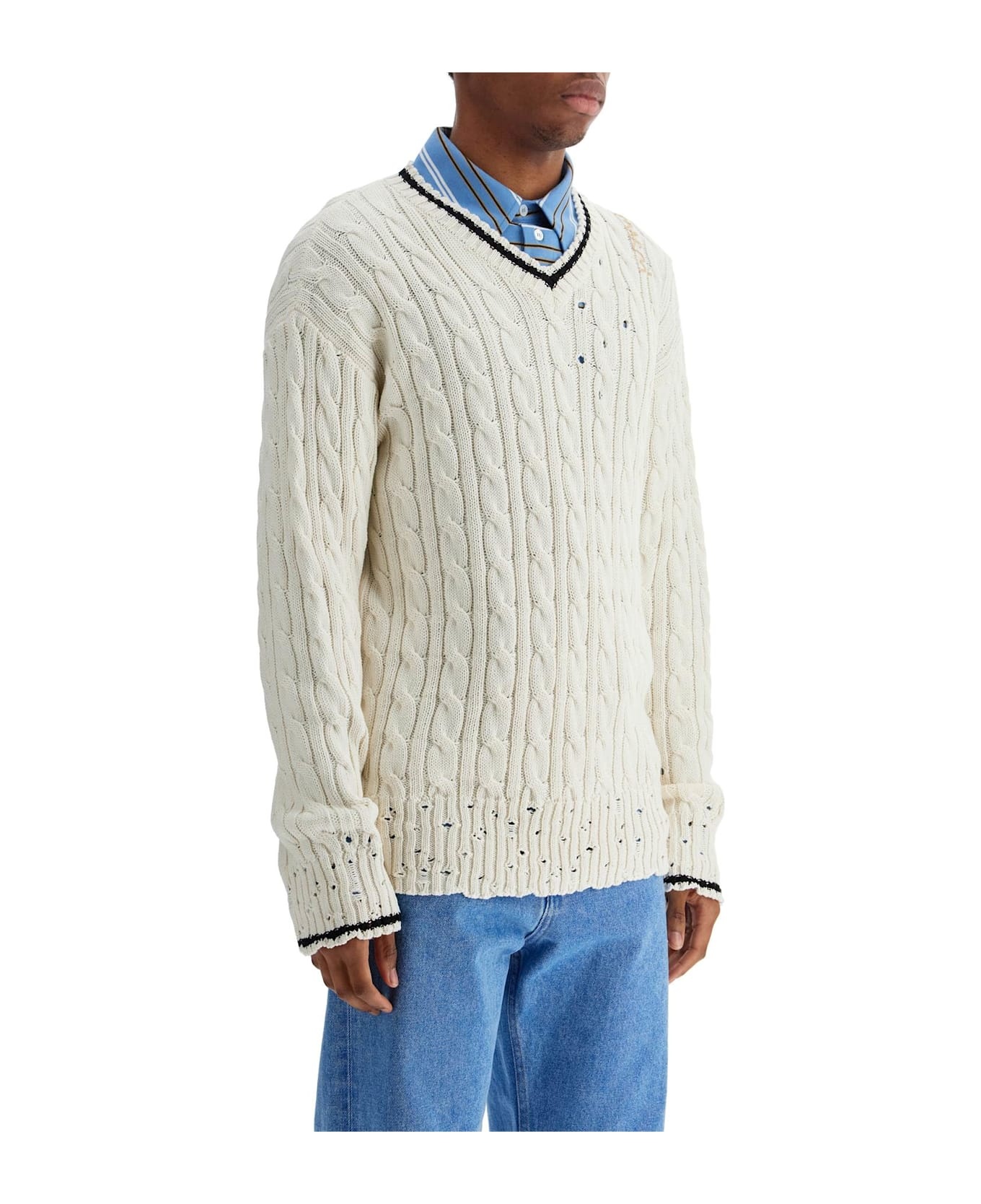 White Cotton Sweater With Cable Knit V-neck - 2
