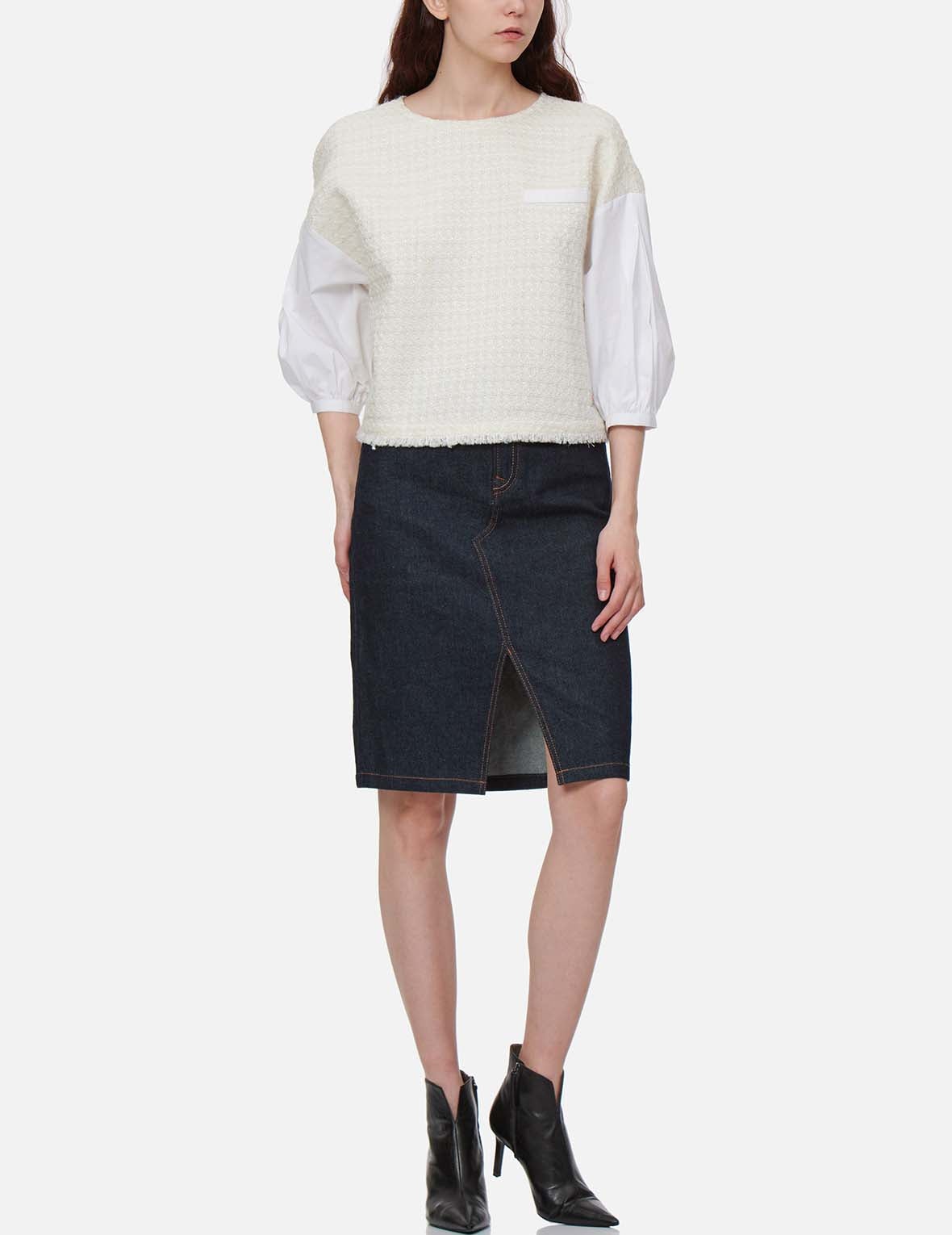 Brushstroke Daicock Split-Front Denim Pencil Skirt - 6