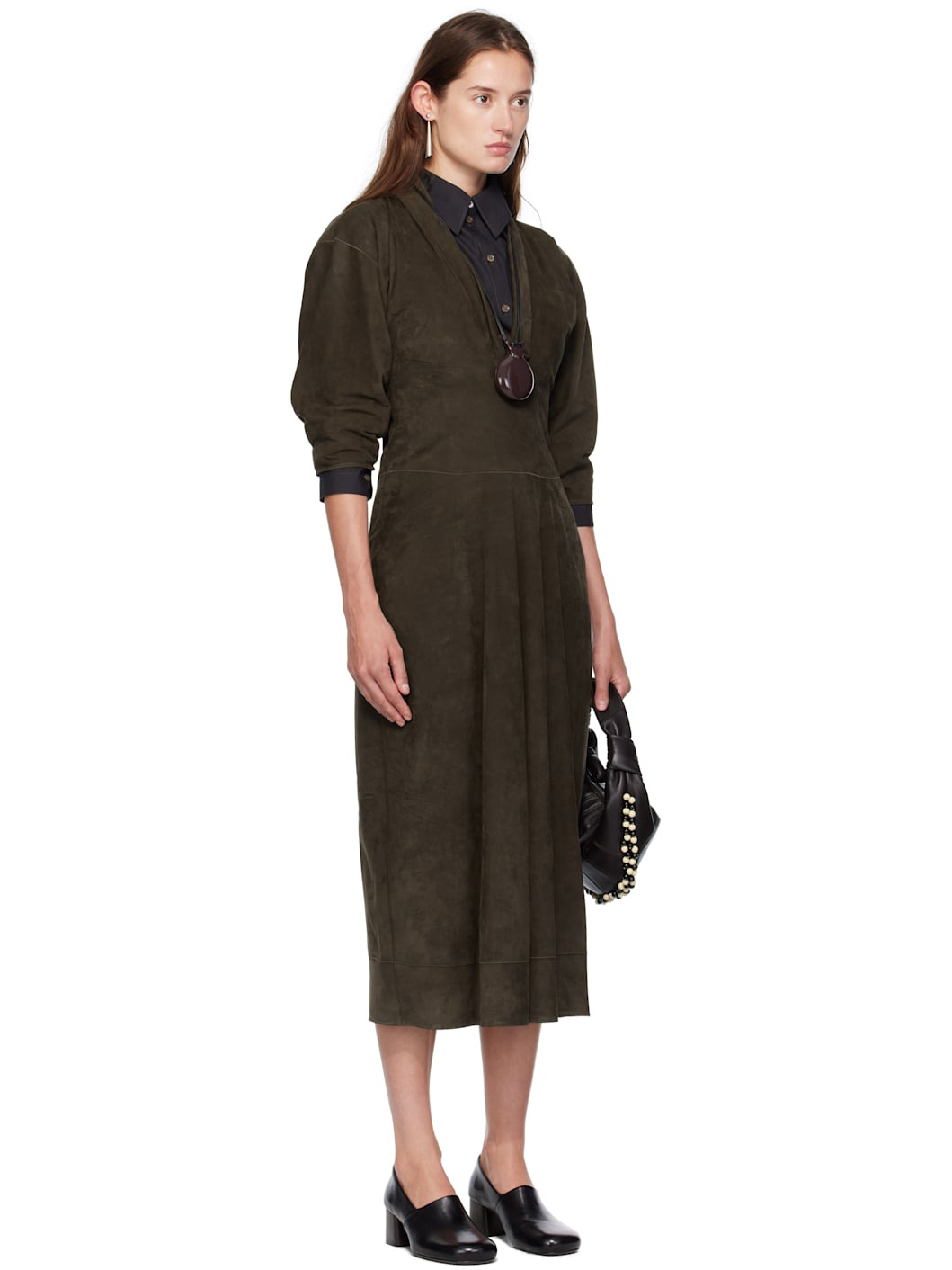 Khaki V-neck Nubuck Midi Dress - 2