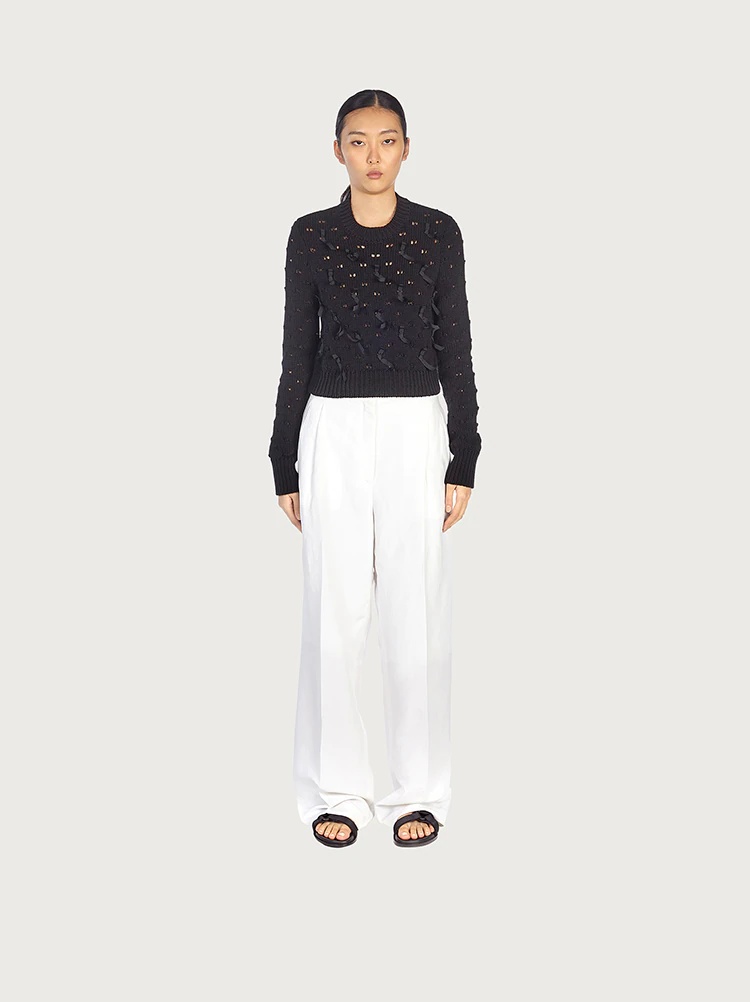 ROUND NECK CROPPED SWEATER WITH RIBBONS - 3