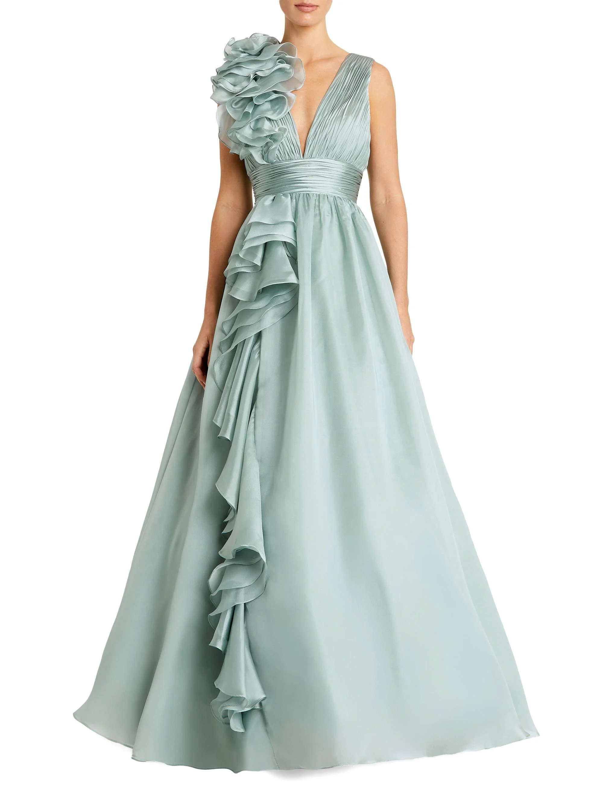 Women's Ruffle Shoulder V-Neck Gown - Mint - 1