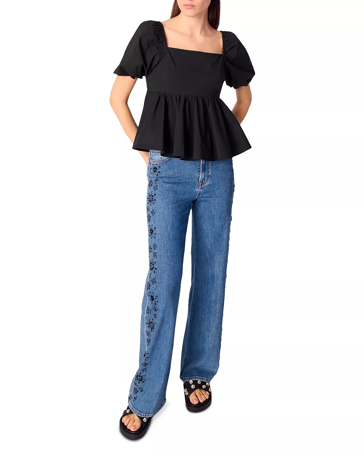 Embroidered Rhinestone High Rise Jeans in Blue - 6