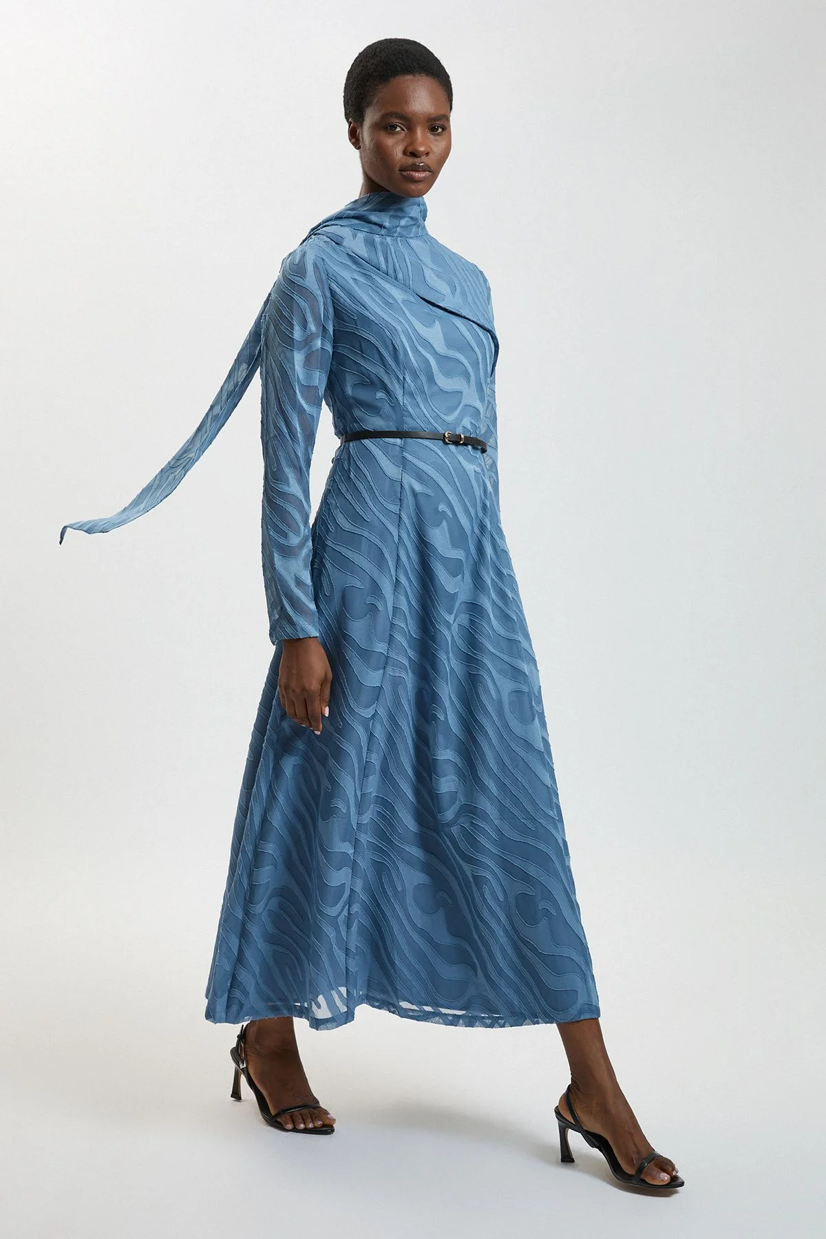 Slub Self Stripe Scarf Detail Woven Maxi Dress - 1