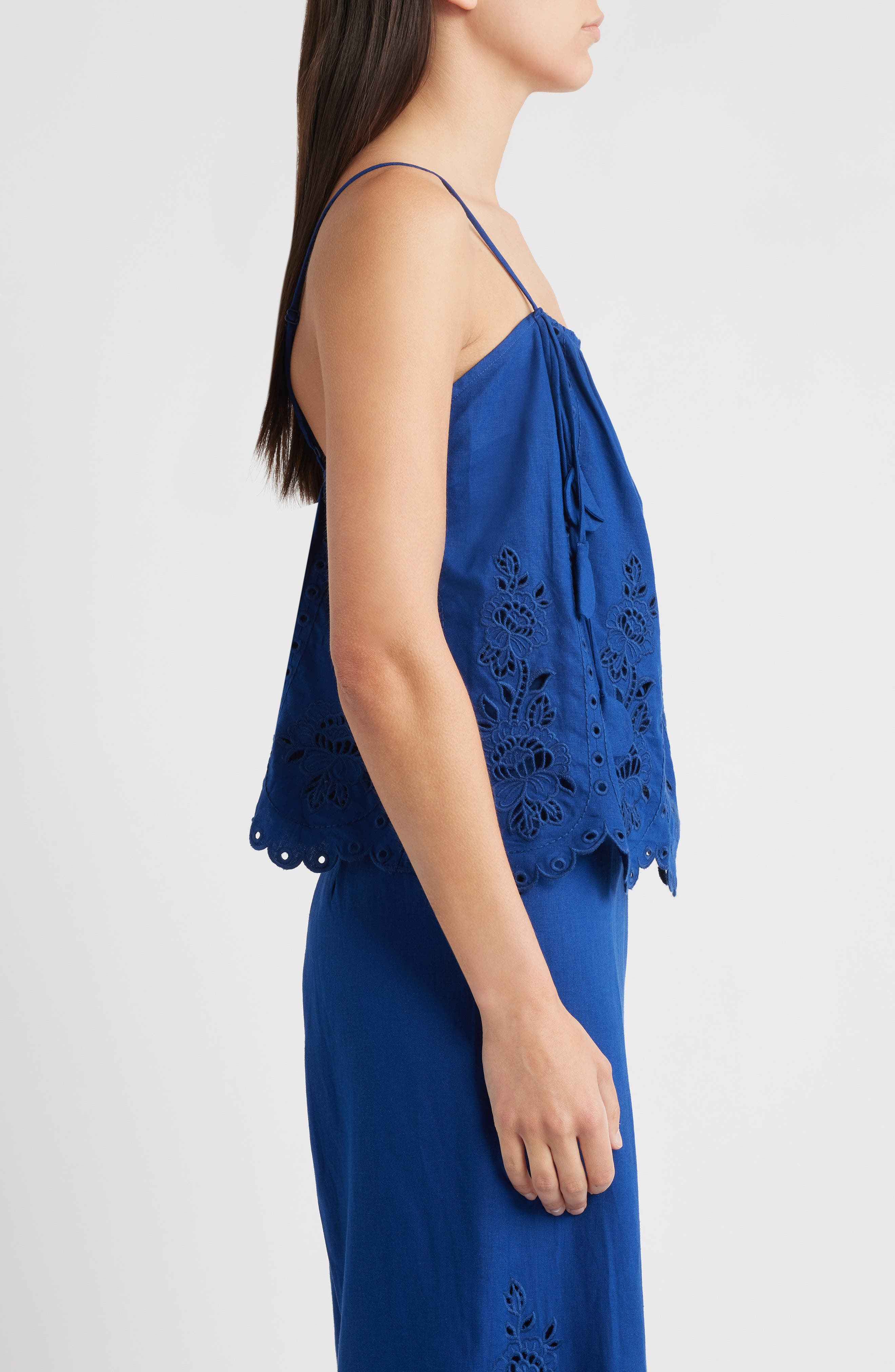 FARM Rio Richelieu Eyelet Embroidered Linen Blend Camisole in Blue at Nordstrom - 3