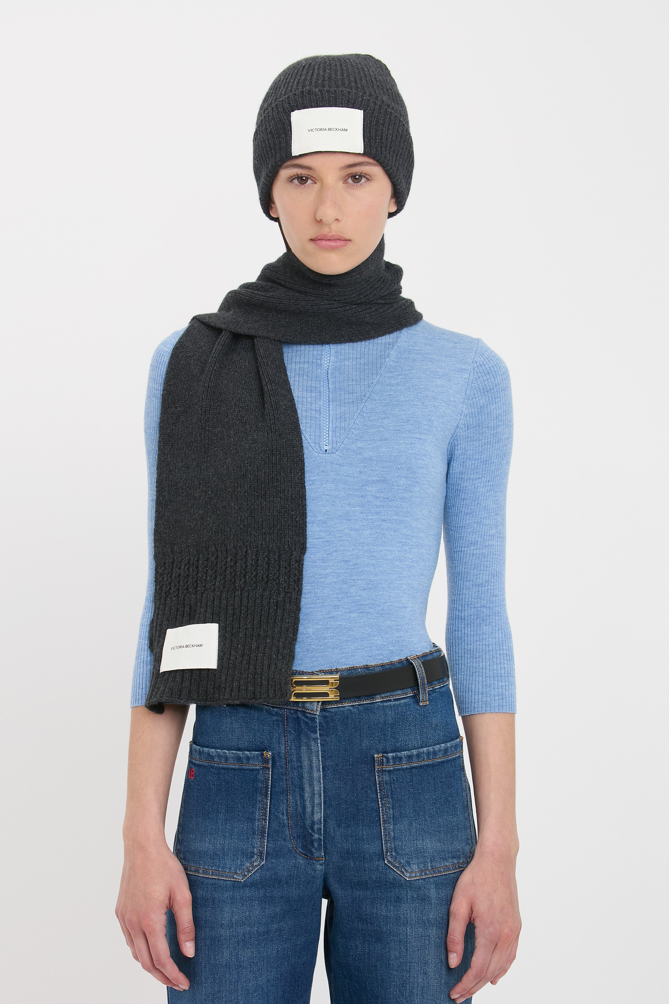 Logo Patch Scarf In Charcoal-Light Blue - 3