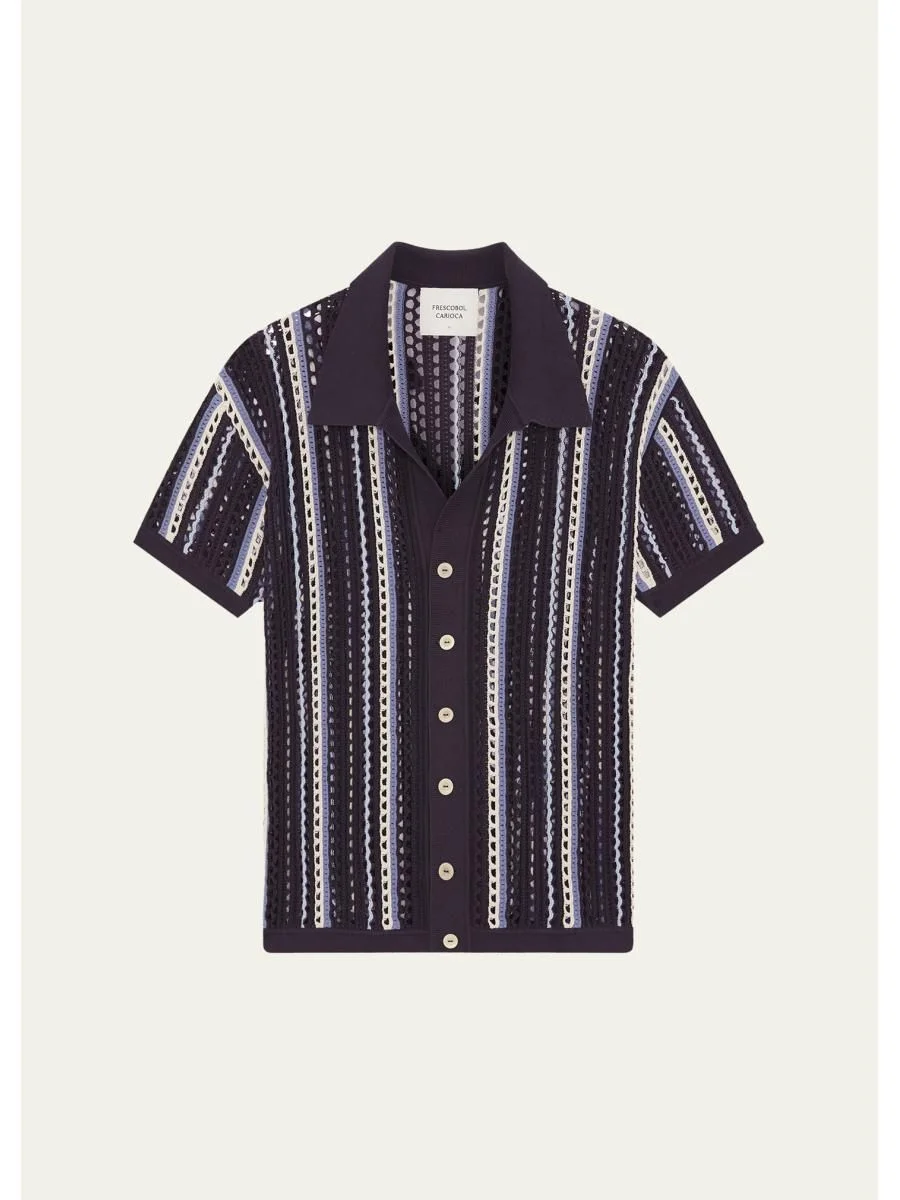 Men's Striped Short-Sleeve Crochet Cardigan - 1
