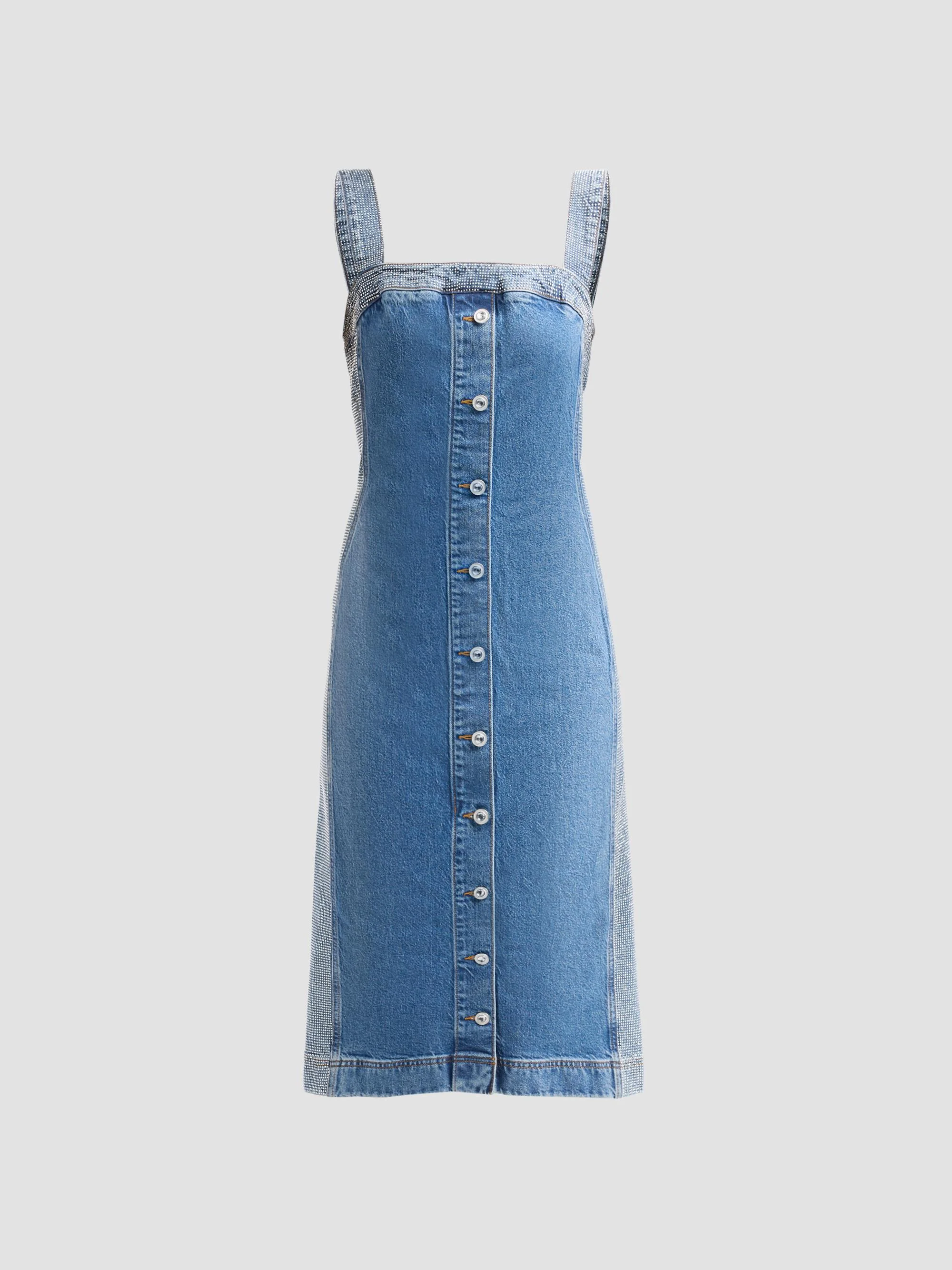 Women's Amanda Rhinestone-Trim Denim Midi Dress - Rhinestone Mid Cerulean - 1