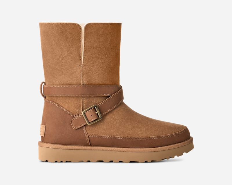 ® Women's Classic Short Bellina Belted Suede Classic Boots in Chestnut 1