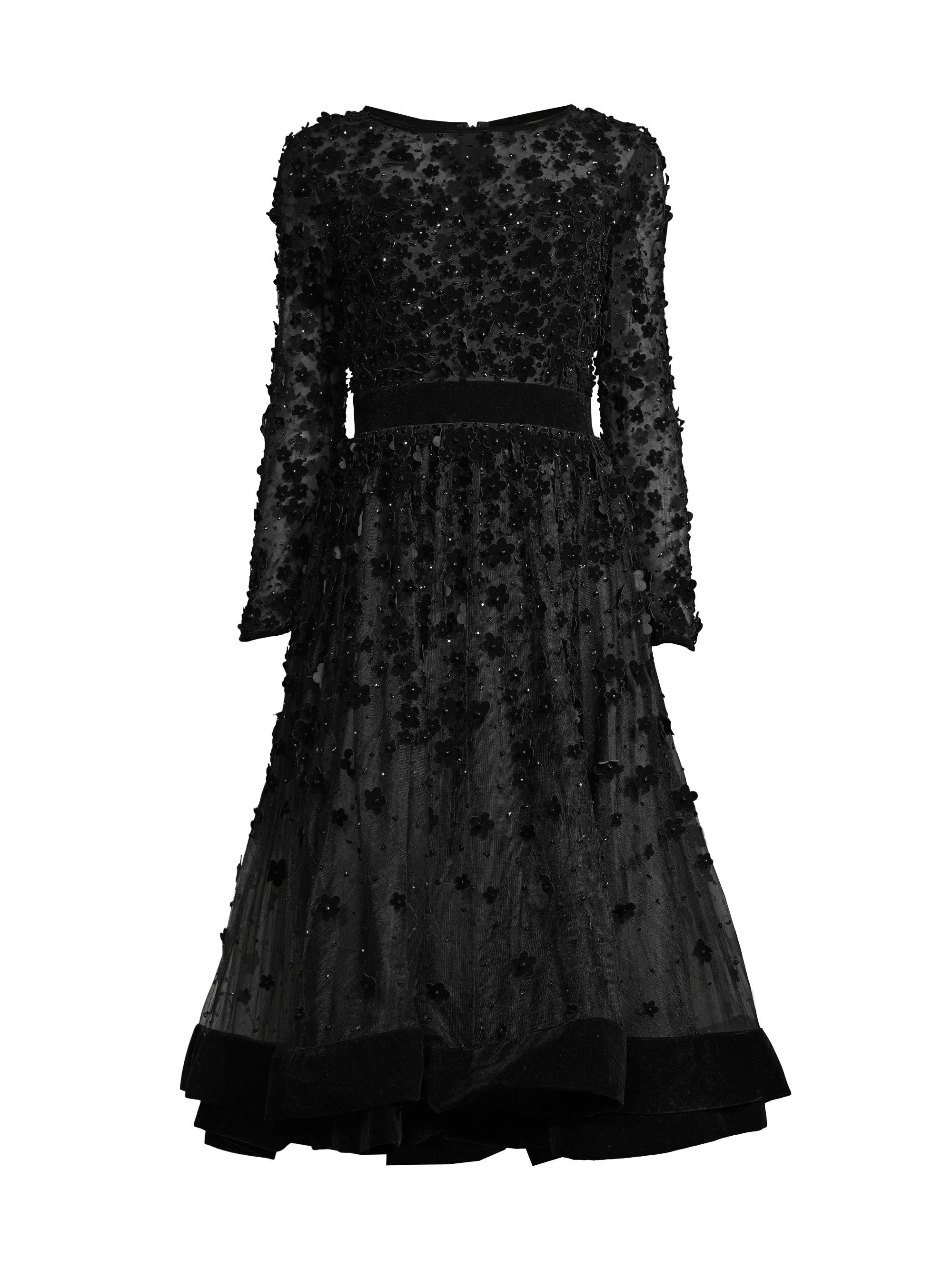 Women's Floral Appliqué Tea Dress - Black - 1