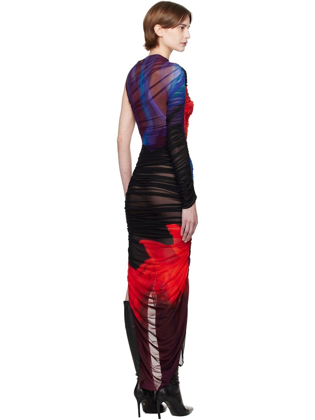 Multicolor Floral Print Pierced Ruched Midi Dress - 3
