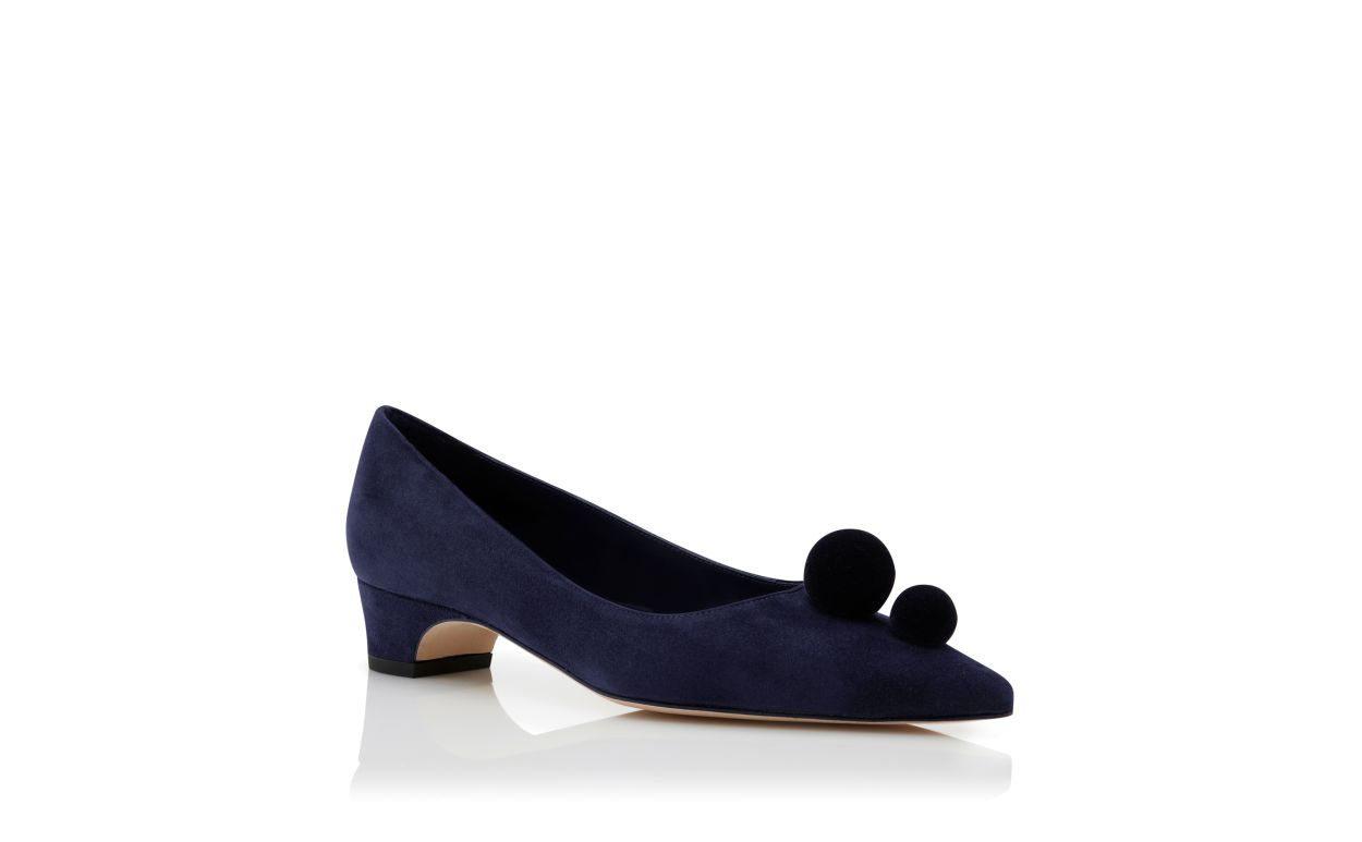 Navy Blue Suede Pom Pom Detail Pumps - 3