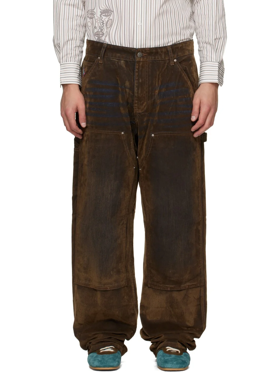 Brown Eye Badge Flocked Jeans - 1