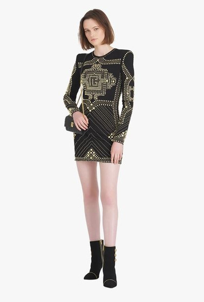 Balmain Short black dress with embroidered gold-tone studs outlook