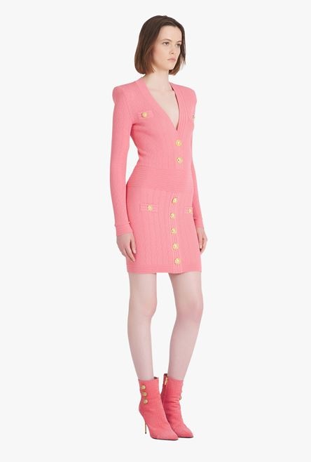 Short salmon pink eco-designed knit dress with gold-tone buttons - 7