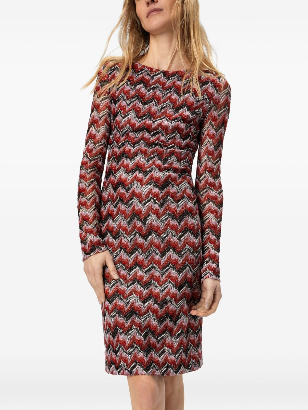 chevron-pattern long-sleeve midi dress - 4