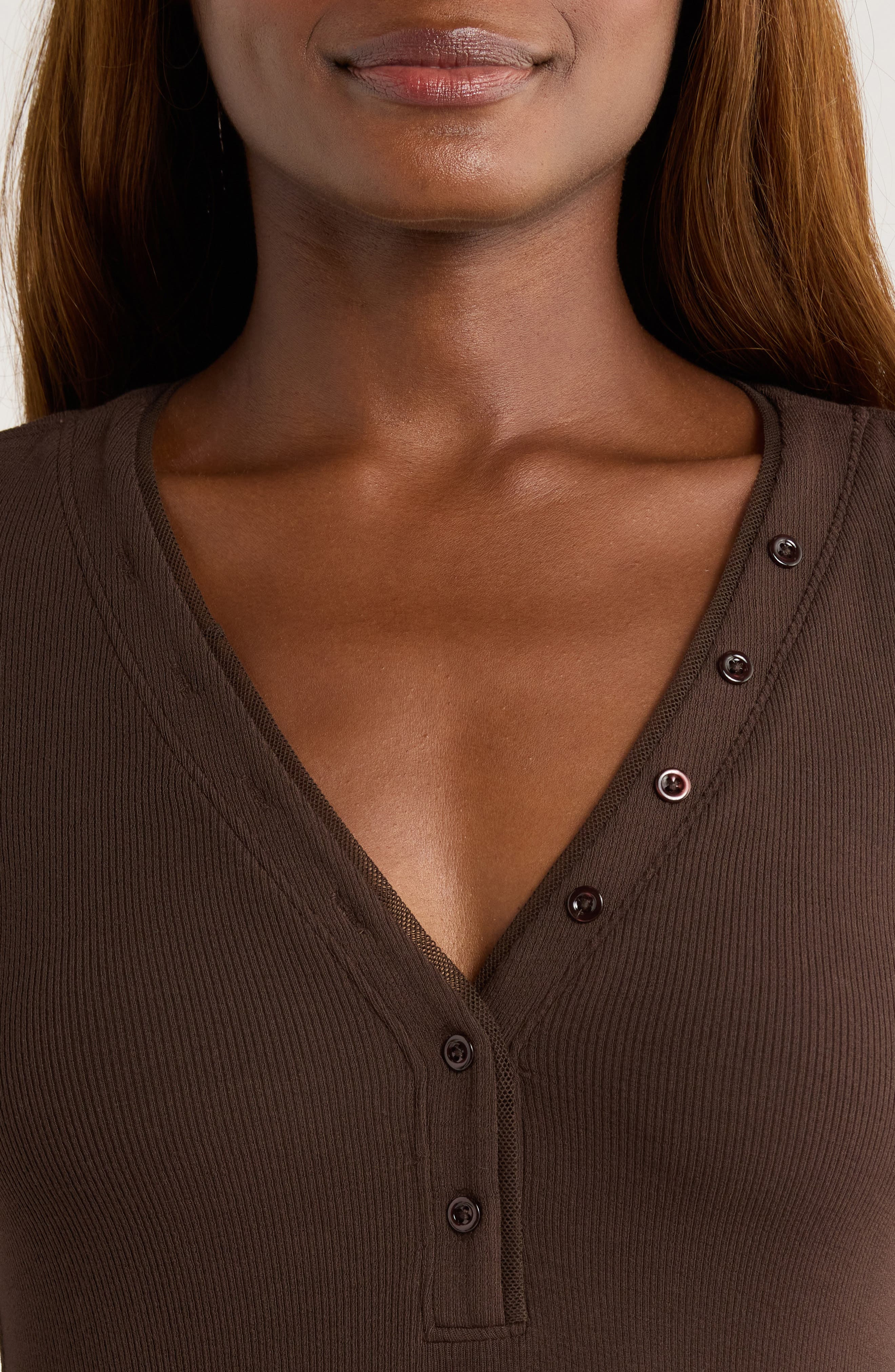 FRAME The Mesh Trim Rib Henley in Coffee at Nordstrom - 4