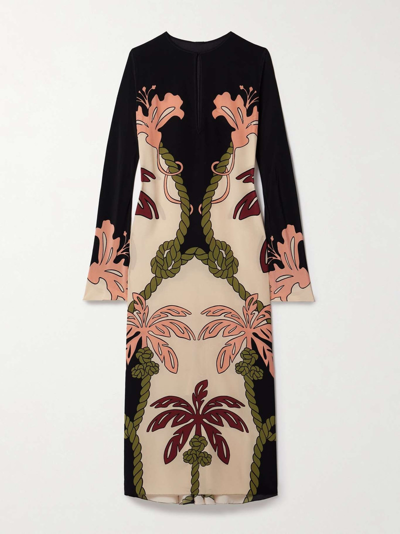 Queen Palm belted printed silk crepe de chine midi dress Black - 1