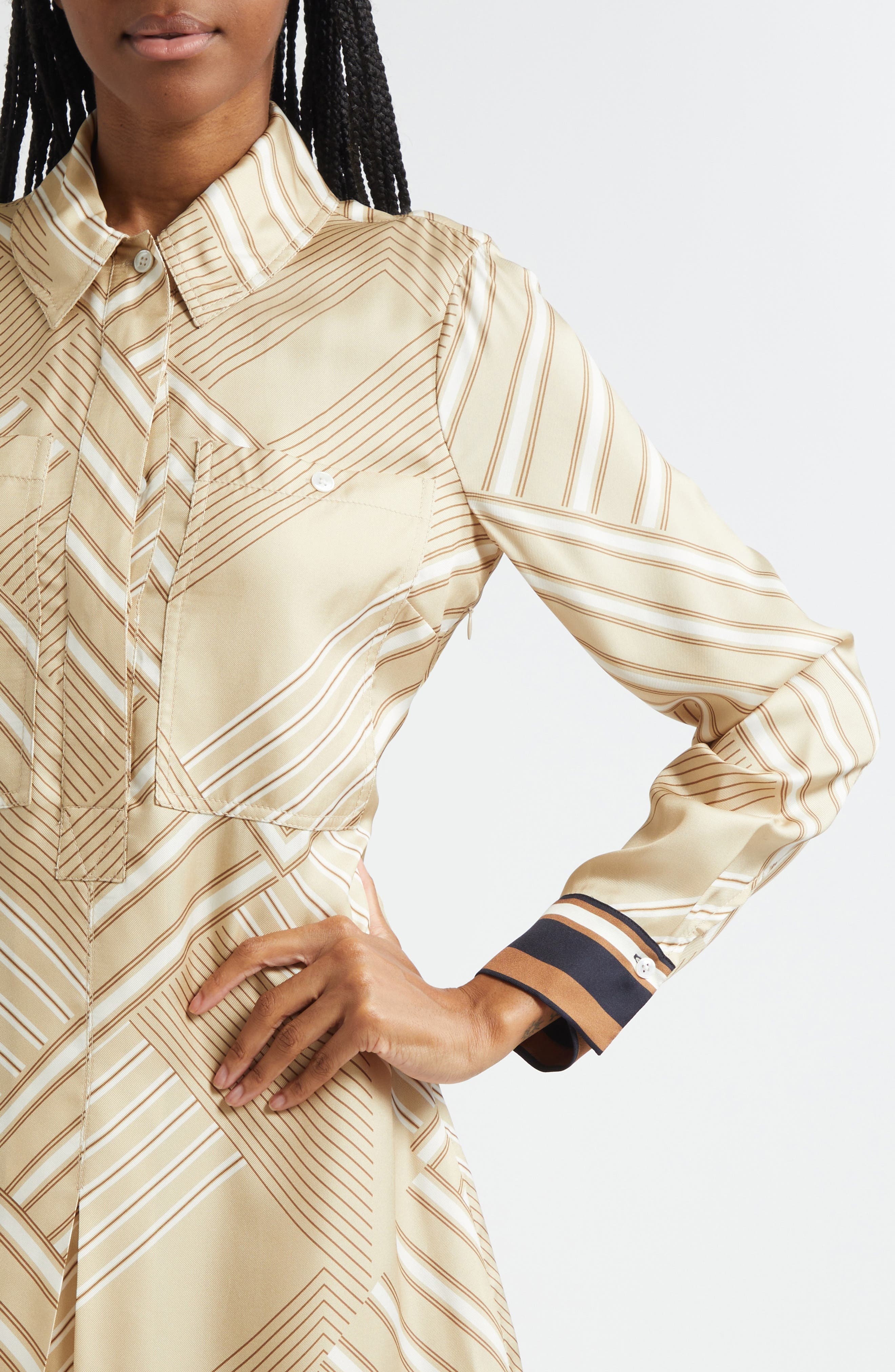 Veronica Beard Pryce Border Print Long Sleeve Silk Blend Shirtdress in Stone Khaki Multi at Nordstro - 4