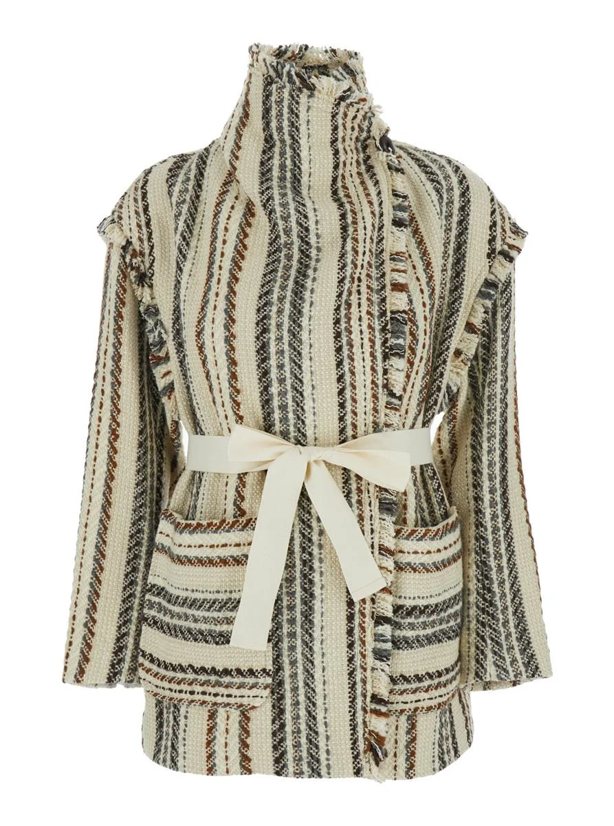 Isabel Marant Étoile 'Illisa' Beige High Neck Cardigan With Fringed Details And All-Over Striped Mot - 1