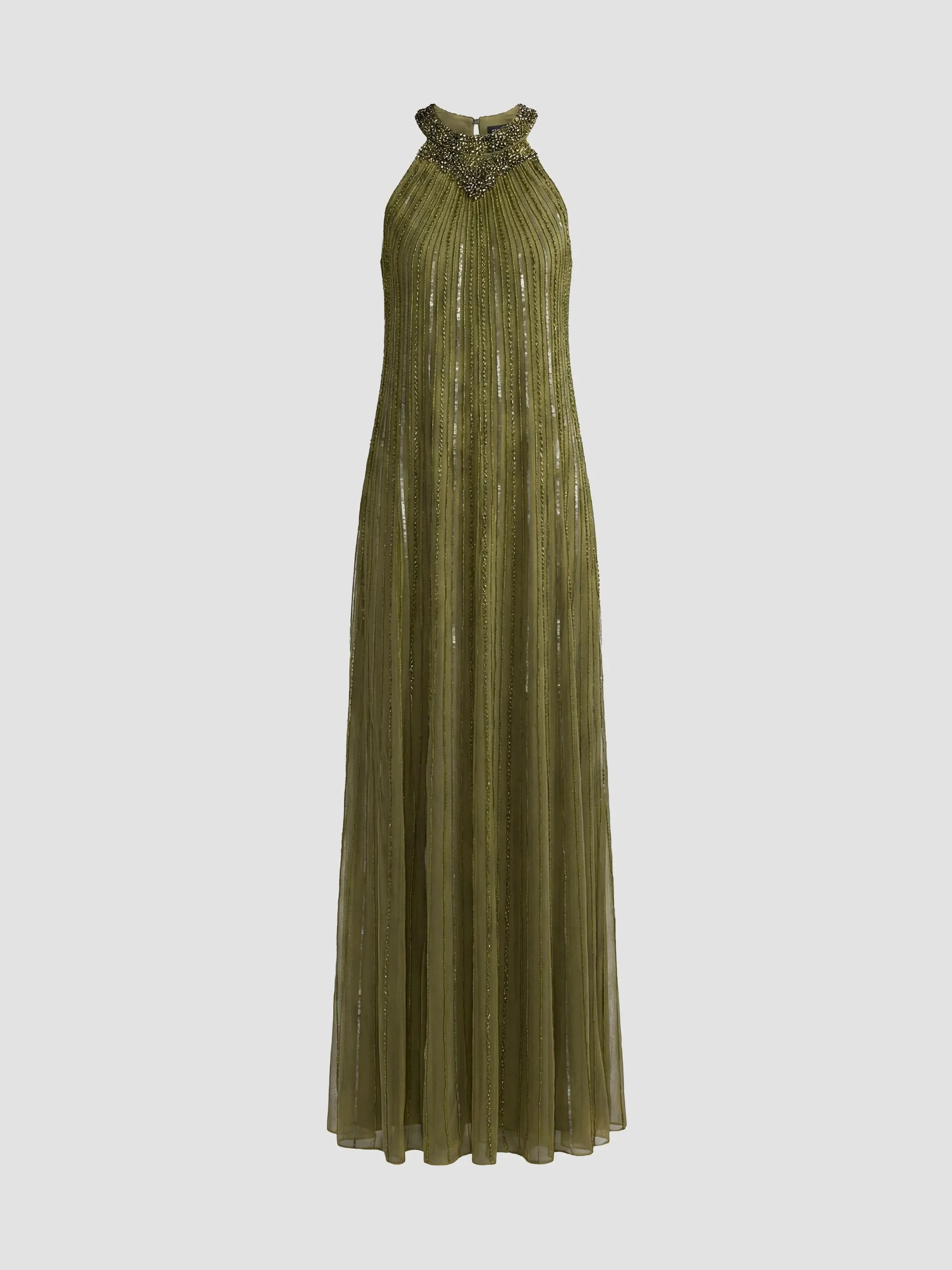 Women's Sequined-Mesh Trapeze Gown - Olive - 1