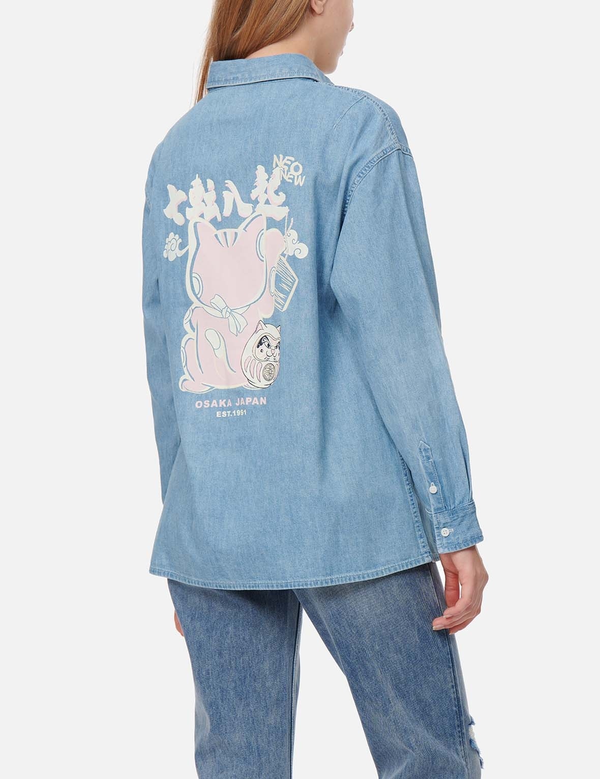 FORTUNE CAT WITH DARUMA PRINT DENIM SHIRT - 3