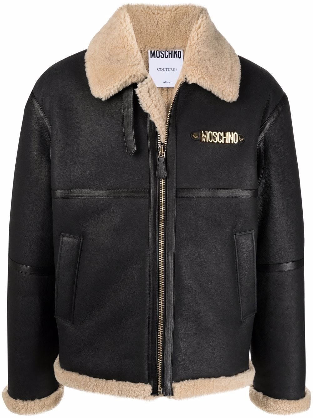 logo-plaque shearling jacket - 1