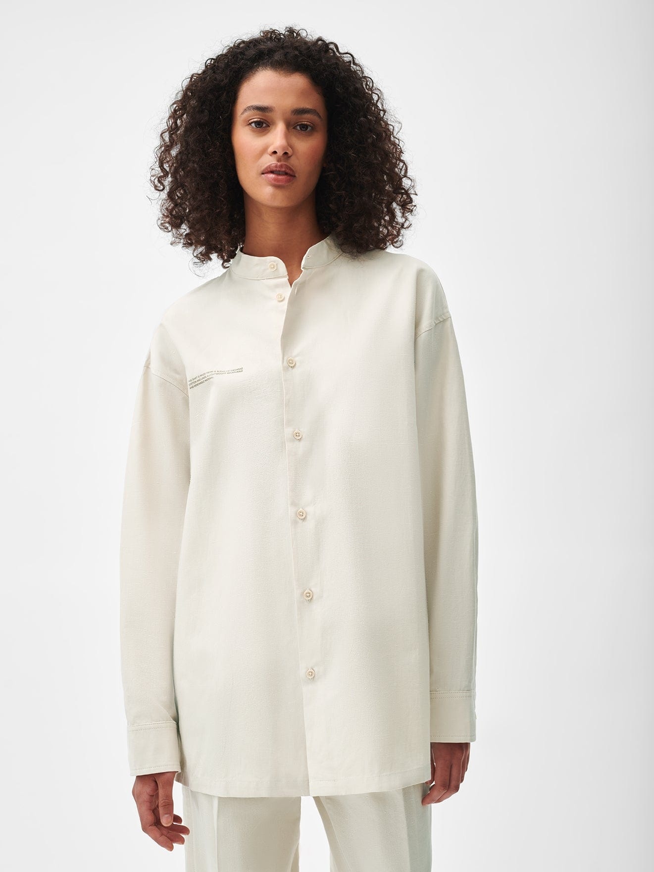 Womens Organic Cotton Linen Mandarin Collar Long-Sleeve Shirt - Limestone - 2