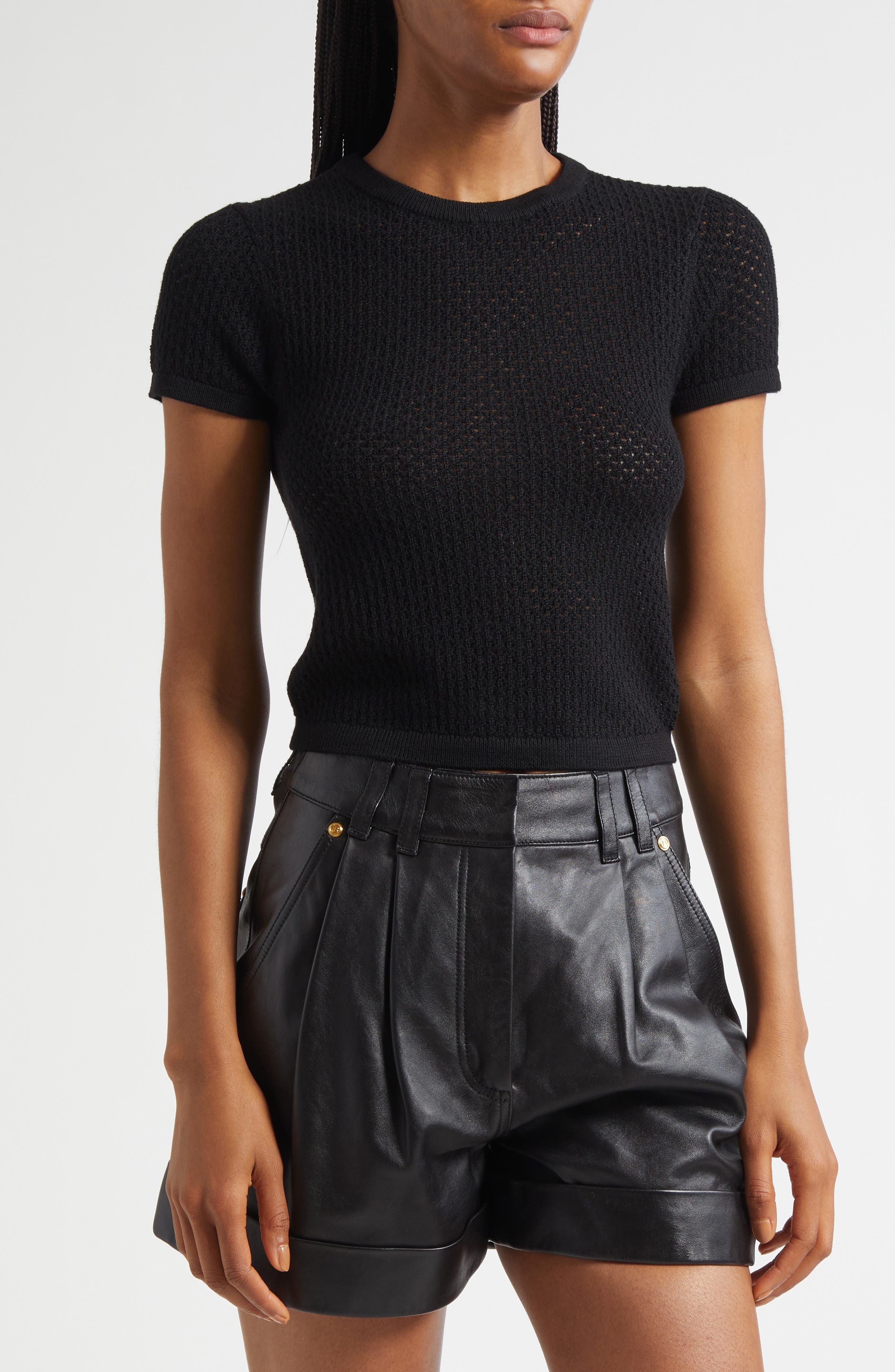 Alice + Olivia Ciara Lace Collar Short Sleeve Wool Blend Sweater in Black at Nordstrom - 2