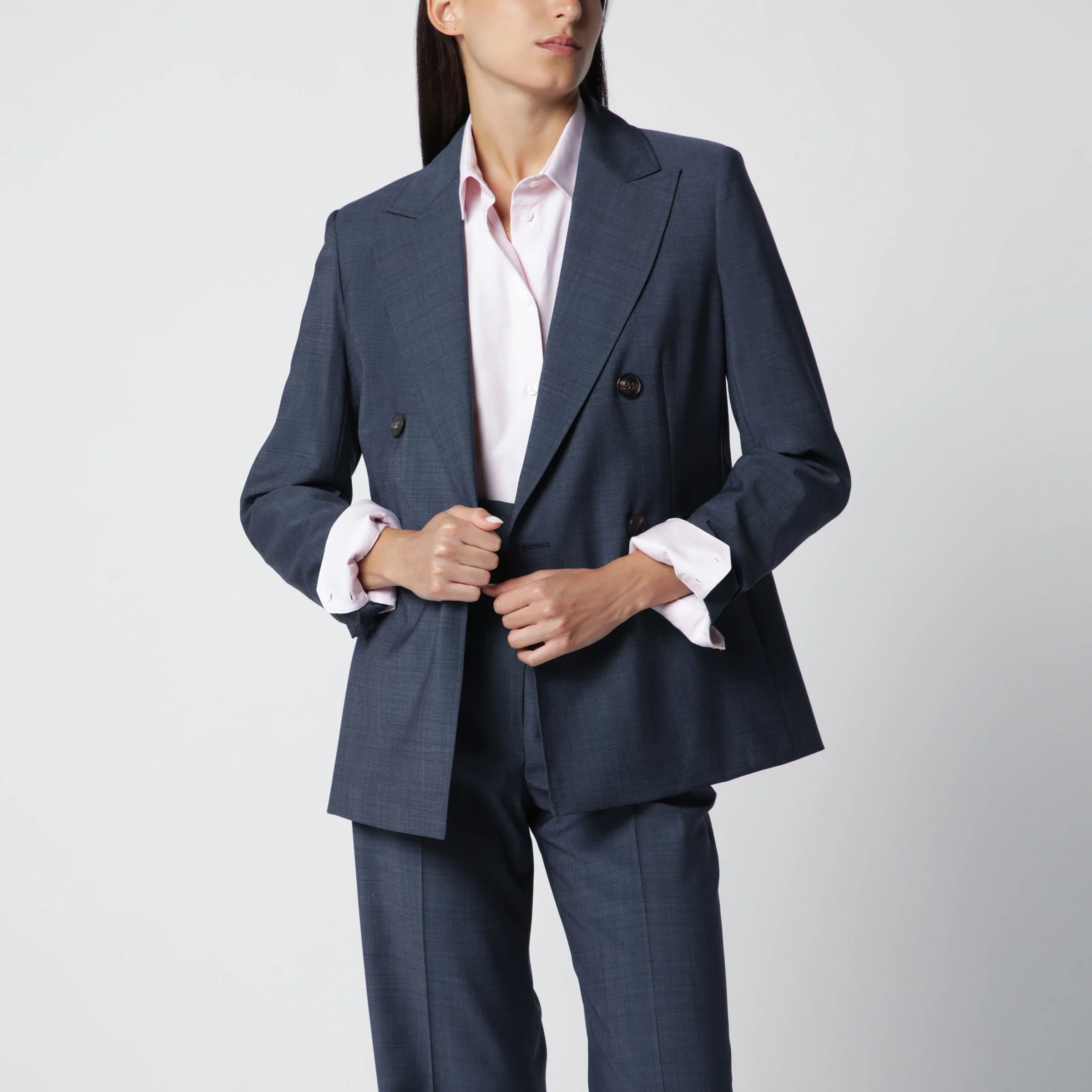 Double-Breasted Jacket in Denim Blue Wool Canvas - 1