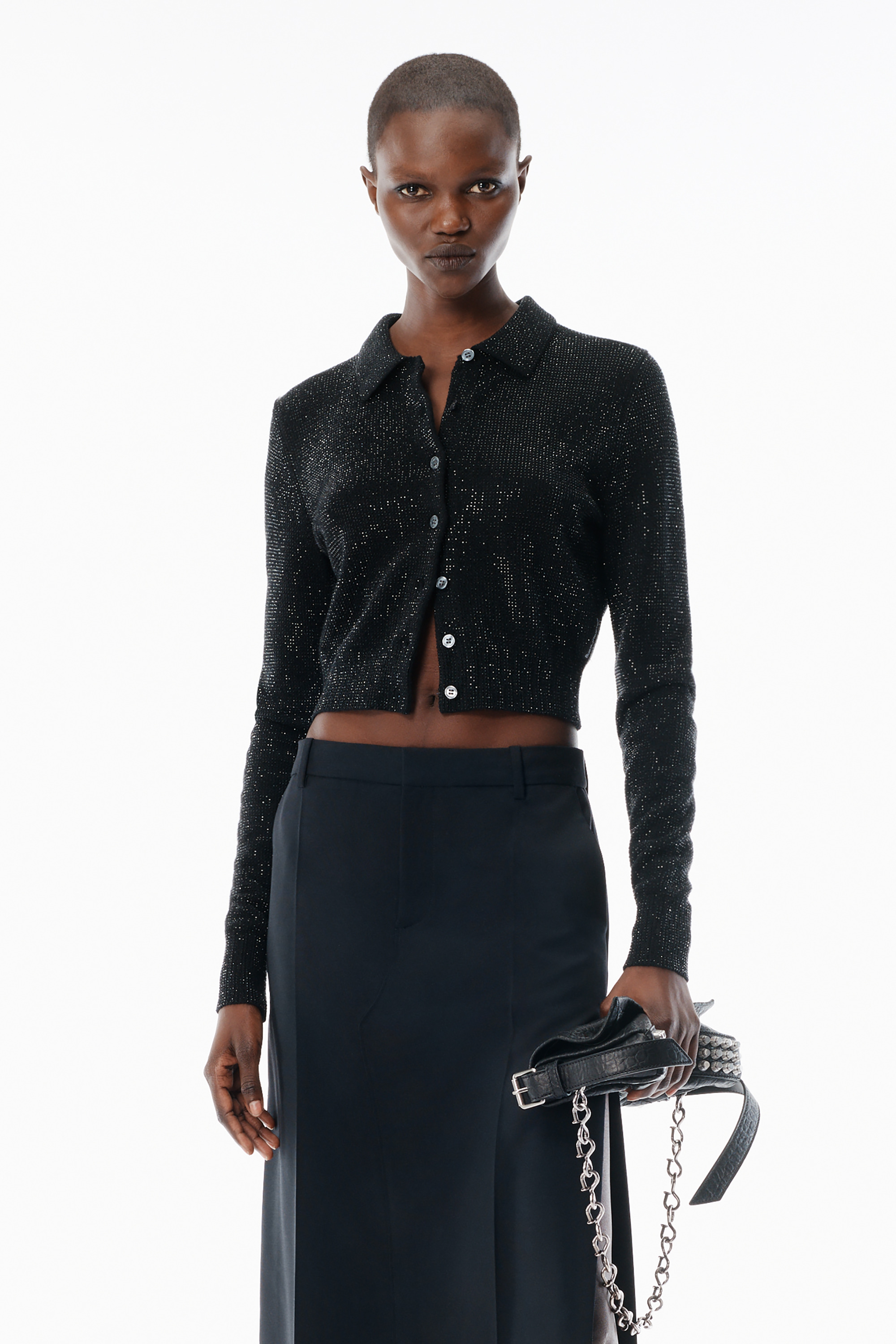 Black Wool-Blend Hotfix Polo Cardigan - 2